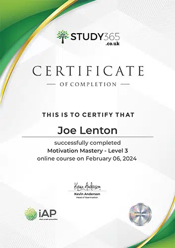 Motivation Mastery Level 3 - Certificate of completion Joe Lenton