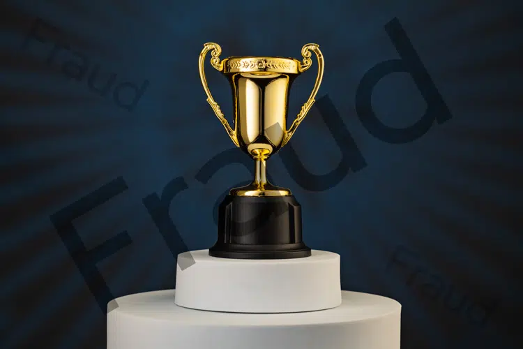 Trophy on plinth with fraud watermark as illustration of imposter syndrome